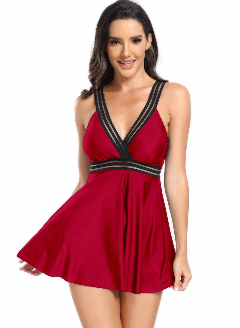 Womens 2 peice set Swimsuits Tummy Control Deep V-Neck Swim Dress And Thong Bottom Swimwear Bathing Suits Wine Red - Image 1