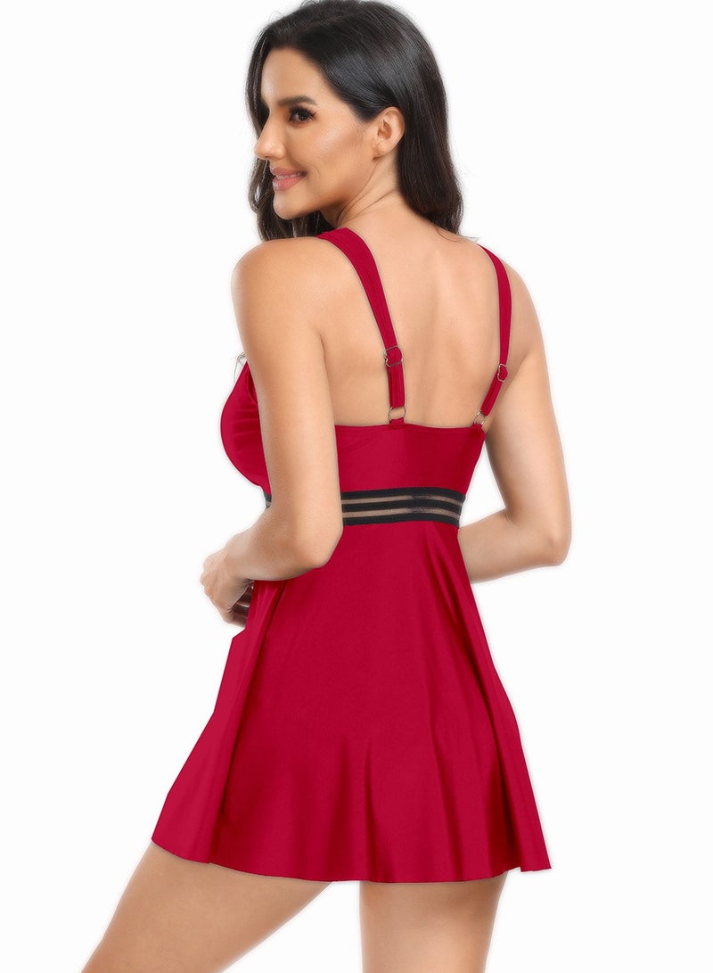 Womens 2 peice set Swimsuits Tummy Control Deep V-Neck Swim Dress And Thong Bottom Swimwear Bathing Suits Wine Red - Image 4