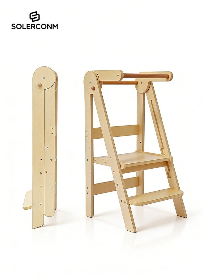 Solerconm Adjustable Foldable Toddler Tower, Montessori Kids Kitchen Step Stool Helper for Independence, Folding Learning Tower for Toddlers, Varnished Finish - Image 1