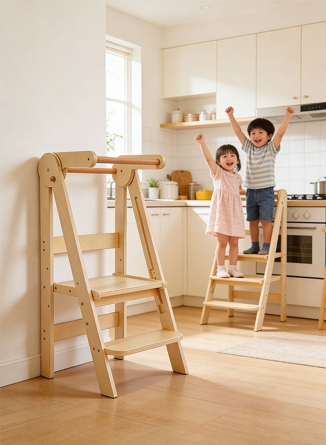 Solerconm Adjustable Foldable Toddler Tower, Montessori Kids Kitchen Step Stool Helper for Independence, Folding Learning Tower for Toddlers, Varnished Finish - Image 3