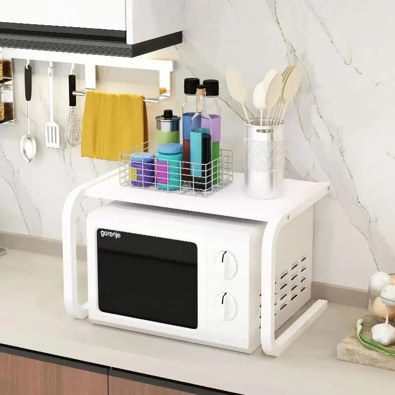 HOOJO® Adjustable Microwave Oven Stand L, Kitchen Storage Shelf Rack with Metal Plate Holders, Countertop Organizer for Plates Microwave & Kitchen Accessories (White) - Image 2