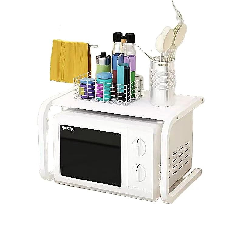 HOOJO® Adjustable Microwave Oven Stand L, Kitchen Storage Shelf Rack with Metal Plate Holders, Countertop Organizer for Plates Microwave & Kitchen Accessories (White) - Image 1