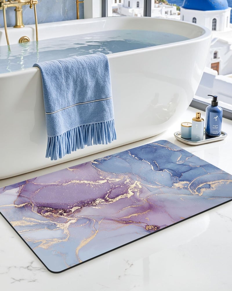 DEXI Bathroom Mat Ultra Thin Non Slip Bath Rug for Shower Floor Absorbent Quick Dry Marble Bathmats Low Profile 17x32 Blue and Purple