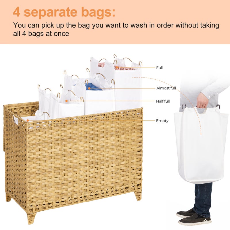 Hermina Laundry Hamper with 4 Removable Liner Bags; 176L Handwoven Rattan Laundry Basket with Lid & Heightened Feet; Clothes Hamper with Side Handles (Natural) - Image 3