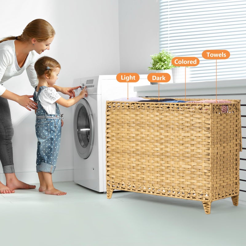 Hermina Laundry Hamper with 4 Removable Liner Bags; 176L Handwoven Rattan Laundry Basket with Lid & Heightened Feet; Clothes Hamper with Side Handles (Natural) - Image 2