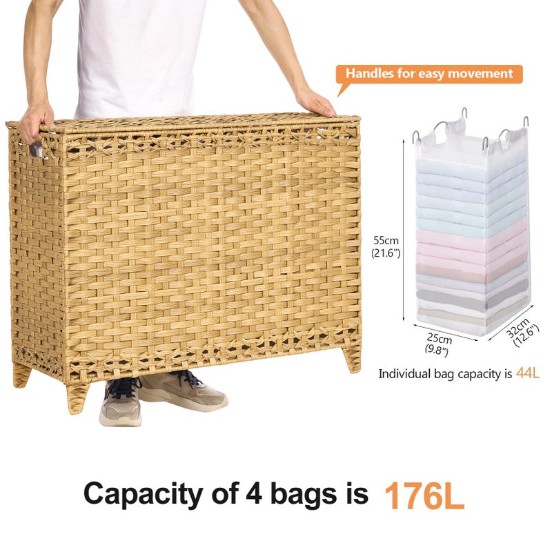 Hermina Laundry Hamper with 4 Removable Liner Bags; 176L Handwoven Rattan Laundry Basket with Lid & Heightened Feet; Clothes Hamper with Side Handles (Natural) - Image 4