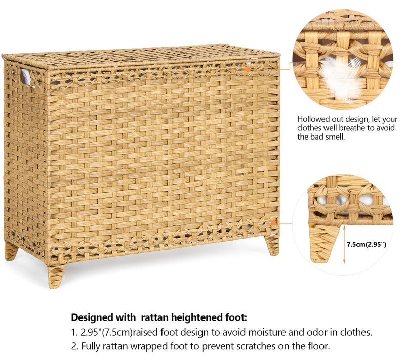 Hermina Laundry Hamper with 4 Removable Liner Bags; 176L Handwoven Rattan Laundry Basket with Lid & Heightened Feet; Clothes Hamper with Side Handles (Natural) - Image 5