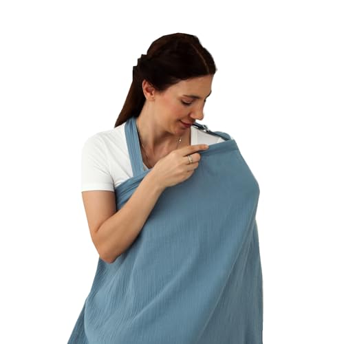 Insular Muslin Nursing Cover for Breastfeeding Breathable Privacy Nursing Covers with Arch Neckline for Mom Soft Cotton Multiuse Nursing Apron Blue - Image 1