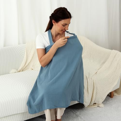 Insular Muslin Nursing Cover for Breastfeeding Breathable Privacy Nursing Covers with Arch Neckline for Mom Soft Cotton Multiuse Nursing Apron Blue - Image 3