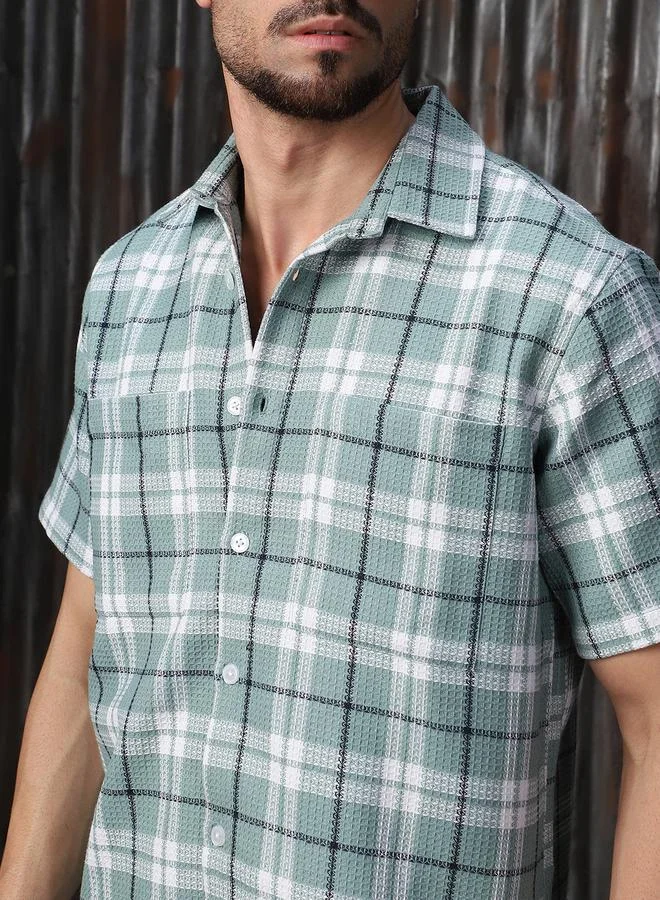 HIGH STAR Men Comfort Tartan Checks Textured Checked Half Sleeve Casual Shirt