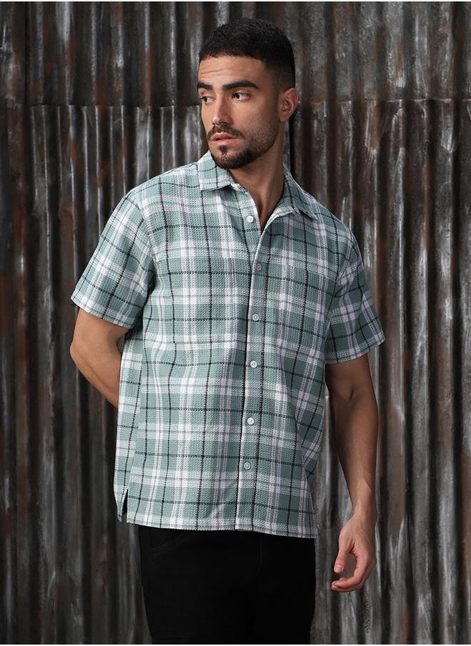 HIGH STAR Men Comfort Tartan Checks Textured Checked Half Sleeve Casual Shirt  - Image 3