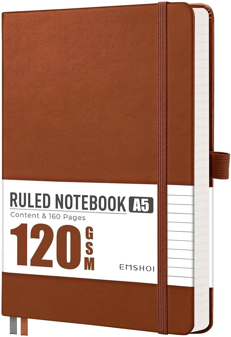 EMSHOI A5 Notebook Lined Journal - 120 GSM Paper Hardcover Notebook for Work, 160 Pages College Ruled Notebook, Leather Writing Journal for Women, Men, Work, School, 14.5 X 21 cm - Brown - Image 1