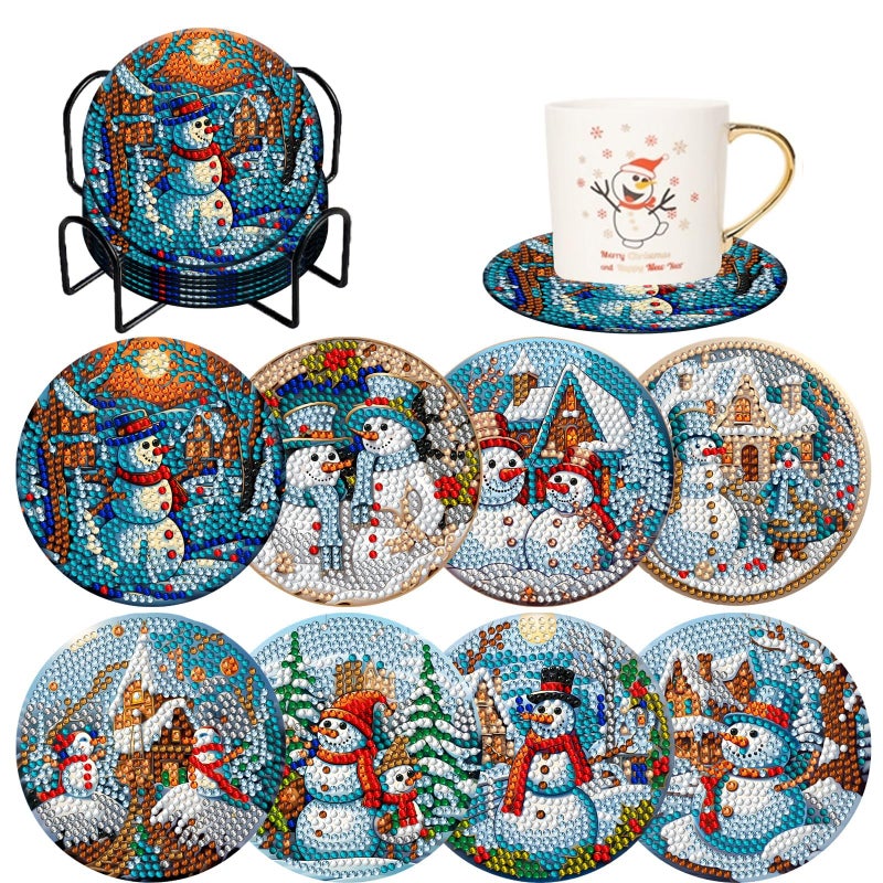 8 Pieces Christmas Snowman Diamond Coasters with Holder DIY Cute Christmas Snowman Diamond Art Coasters for Beginners Adults for Christmas