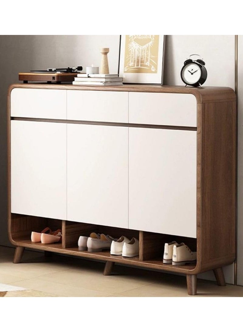 إيونتو خزانة أحذية عصرية بطول ١٢٠ سم، بثلاثة أدراج وثلاثة أبواب - لون أبيض وخشبي، تصميم أخدود بدون مقابض، أرجل خشبية وحجرات تخزين مفتوحة - Image 1