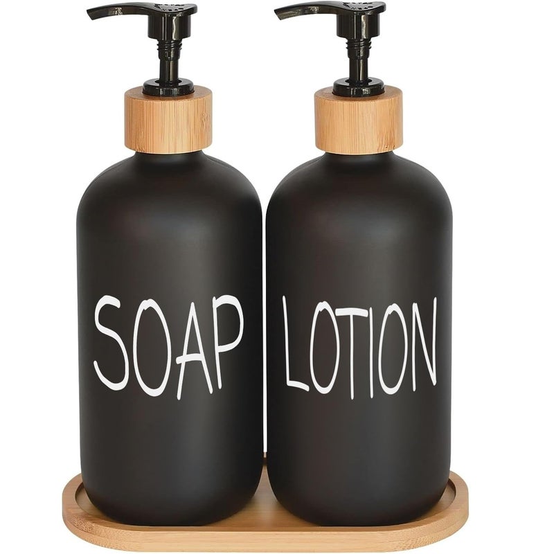 DIDROOM Black Soap Dispenser Bathroom Set Set with Glass Dispenser Bamboo Pumps Tray Hand and Lotion Suitable for Farmhouse Decor - Image 2