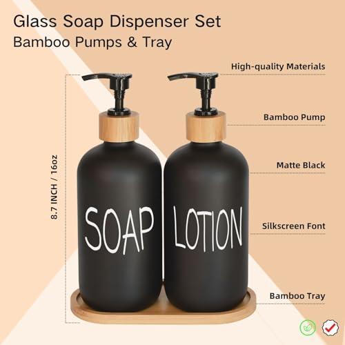 DIDROOM Black Soap Dispenser Bathroom Set Set with Glass Dispenser Bamboo Pumps Tray Hand and Lotion Suitable for Farmhouse Decor - Image 3