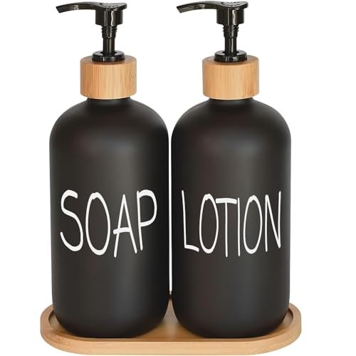 DIDROOM Black Soap Dispenser Bathroom Set Set with Glass Dispenser Bamboo Pumps Tray Hand and Lotion Suitable for Farmhouse Decor - Image 1