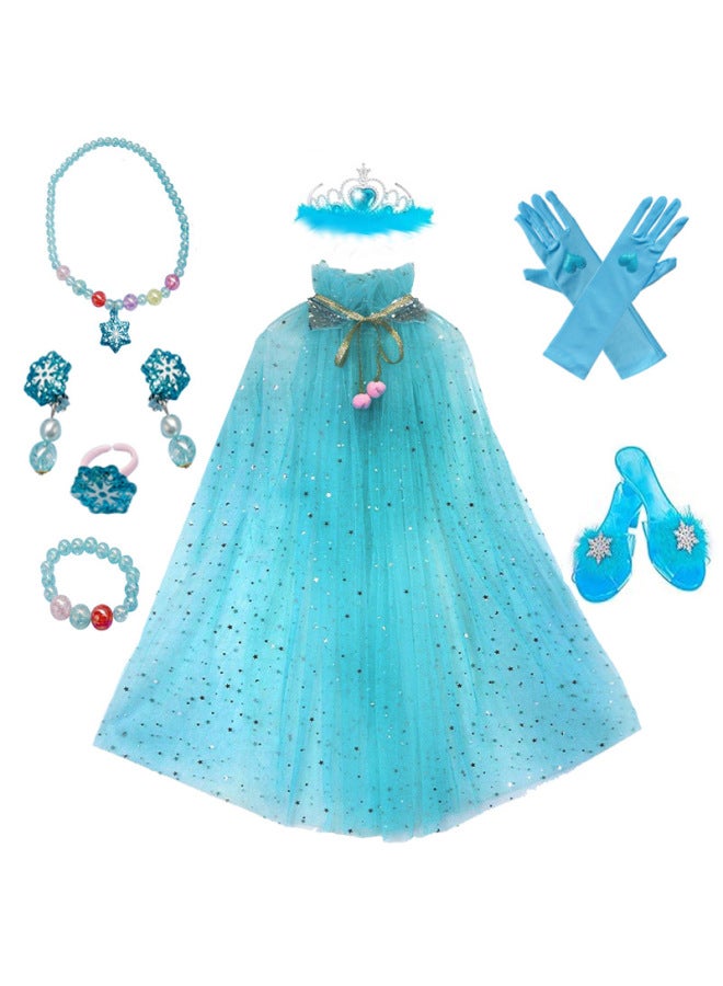 Children's Ice Princess Snow Cloak Accessories Suit Gradient Gauze Skirt Crown Magic Wand Girl Role Play Shawl-Color:Pink Shawl + Crown + Crystal Shoes + Love Necklace + Gloves - Image 3
