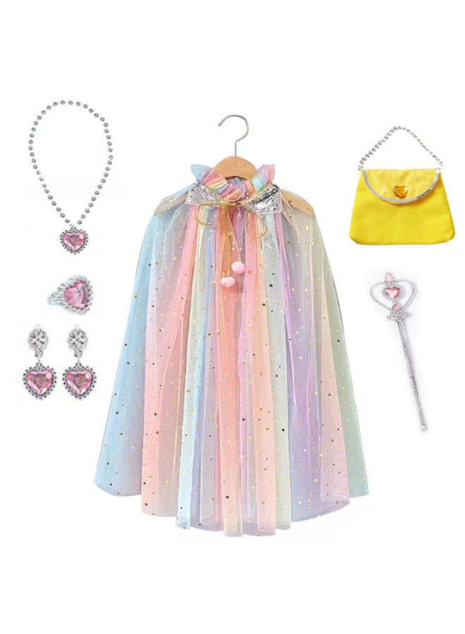 Children's Ice Princess Snow Cloak Accessories Suit Gradient Gauze Skirt Crown Magic Wand Girl Role Play Shawl-Color:Pink Shawl + Crown + Crystal Shoes + Love Necklace + Gloves - Image 4