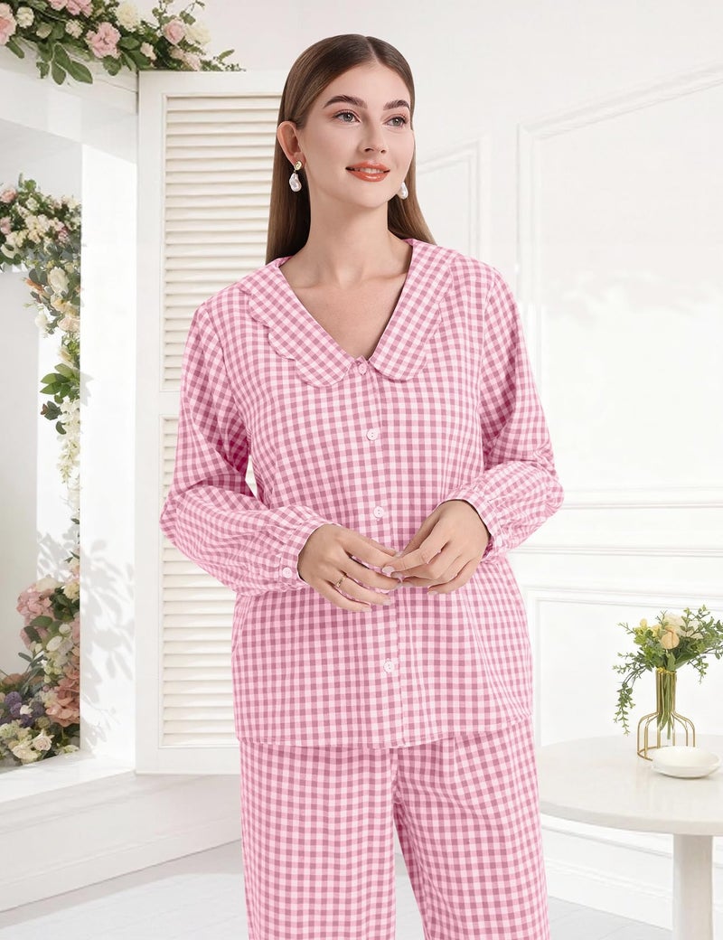 PEHMEA Women's Plaid Pajamas Set 2 Piece Cotton Gingham Sleepwear Puff Sleeve Scalloped Babydoll Shirt Lounge Pj Sets(Pink-L) - Image 2