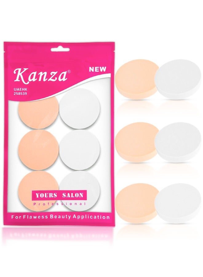 Kanza مجموعة إسفنجات مكياج مكونة من 6 قطع، اسفنجة مكياج دائرية الشكل، اسفنجة مكياج للوجه، مجموعة اسفنج مخملي لوضع البودرة السائبة، بودرة معدنية، مجموعة أدوات مكياج الأساس (بيج وأبيض) - Image 1