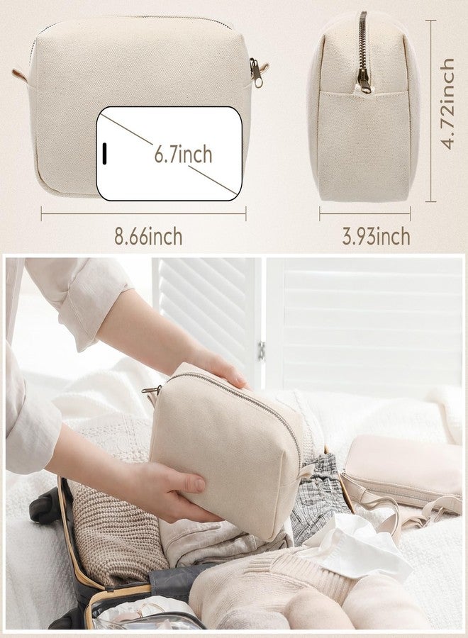 SilTriangle Canvas Cosmetic Organizer Bag Travel Makeup Bags Beige Toiletry Bag Canvas Pencil Pouch Stationery Pen Case Zipper Pouch for Women - Image 3