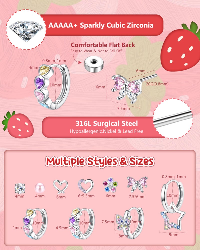 BESTEEL Hypoallergenic Stud Hoop Earrings for Girls Women Surgical Steel Flat Back Earrings Cute Kids Earring Colorful Cubic Zirconia Earring Set for Sensitive Ears - Image 5