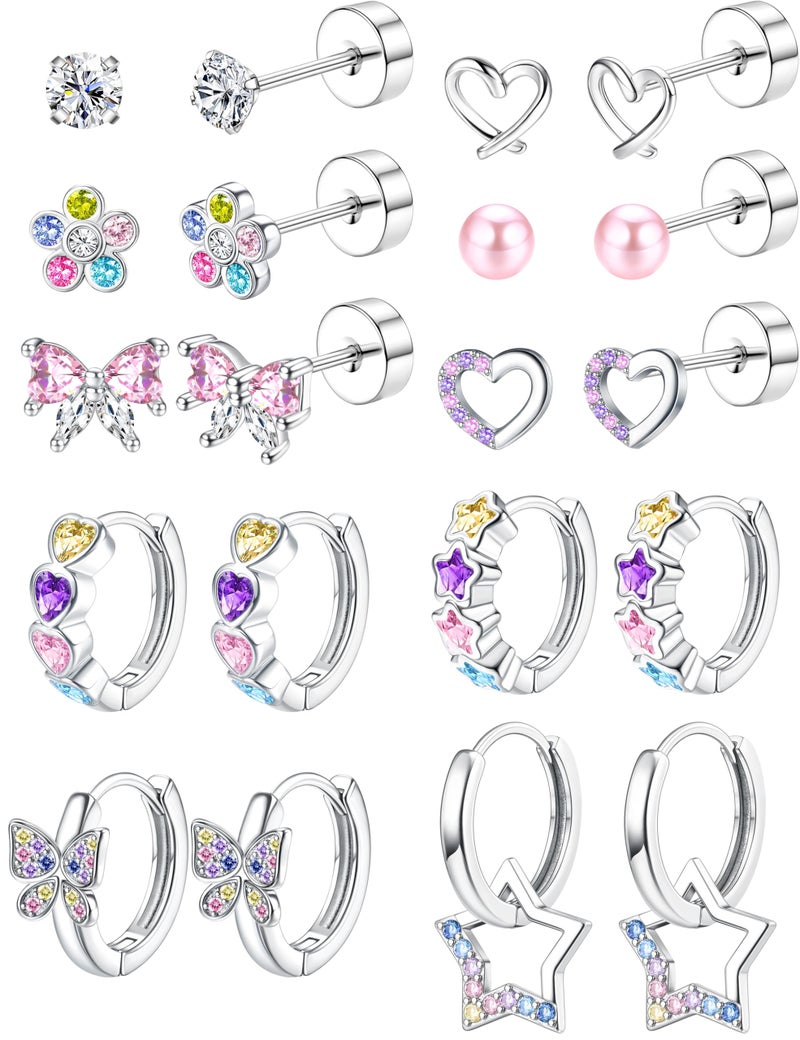 BESTEEL Hypoallergenic Stud Hoop Earrings for Girls Women Surgical Steel Flat Back Earrings Cute Kids Earring Colorful Cubic Zirconia Earring Set for Sensitive Ears - Image 1
