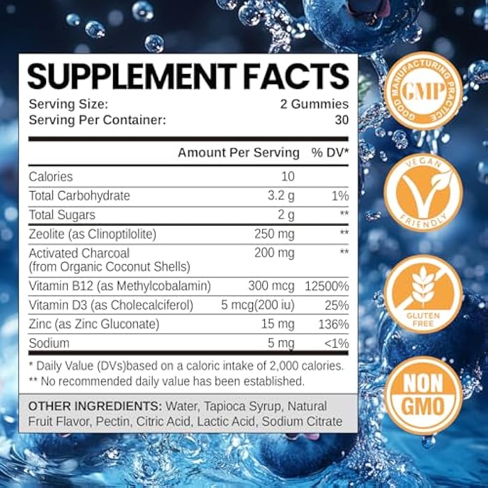 Hollegend Zeolite Detox for Kids Gummies with Activated Charcoal, Clinoptilolite Zeolite with Vitamin B12 & D3 for Kids & Adults, Chewable Zeolite Supplement for Gut & Immune Support, Blueberry Flavor, 60 Ct - Image 2