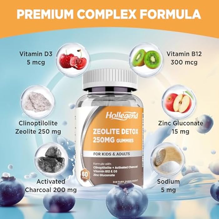 Hollegend Zeolite Detox for Kids Gummies with Activated Charcoal, Clinoptilolite Zeolite with Vitamin B12 & D3 for Kids & Adults, Chewable Zeolite Supplement for Gut & Immune Support, Blueberry Flavor, 60 Ct - Image 3