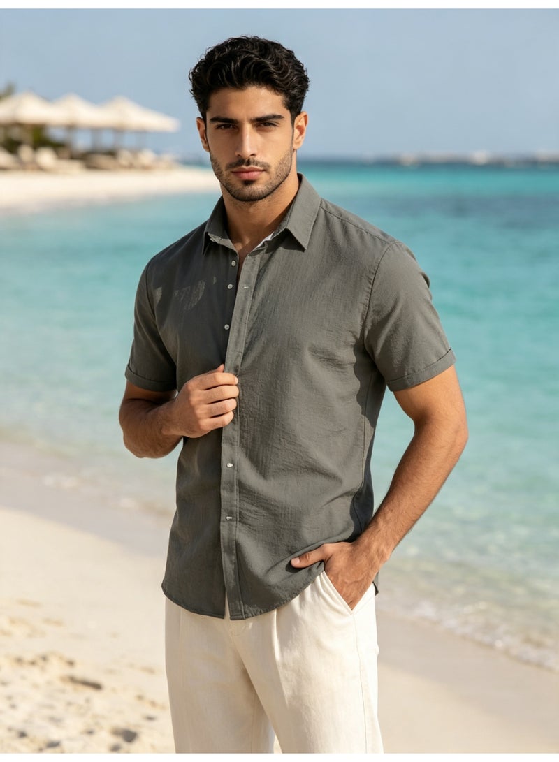 ZARA Men Charcoal Grey Linen Blend Short Sleeve Shirt Lapel Button‑Down Casual Summer Beach Shirt - Image 1