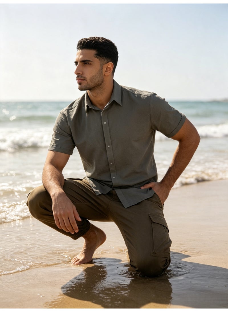 ZARA Men Charcoal Grey Linen Blend Short Sleeve Shirt Lapel Button‑Down Casual Summer Beach Shirt - Image 4