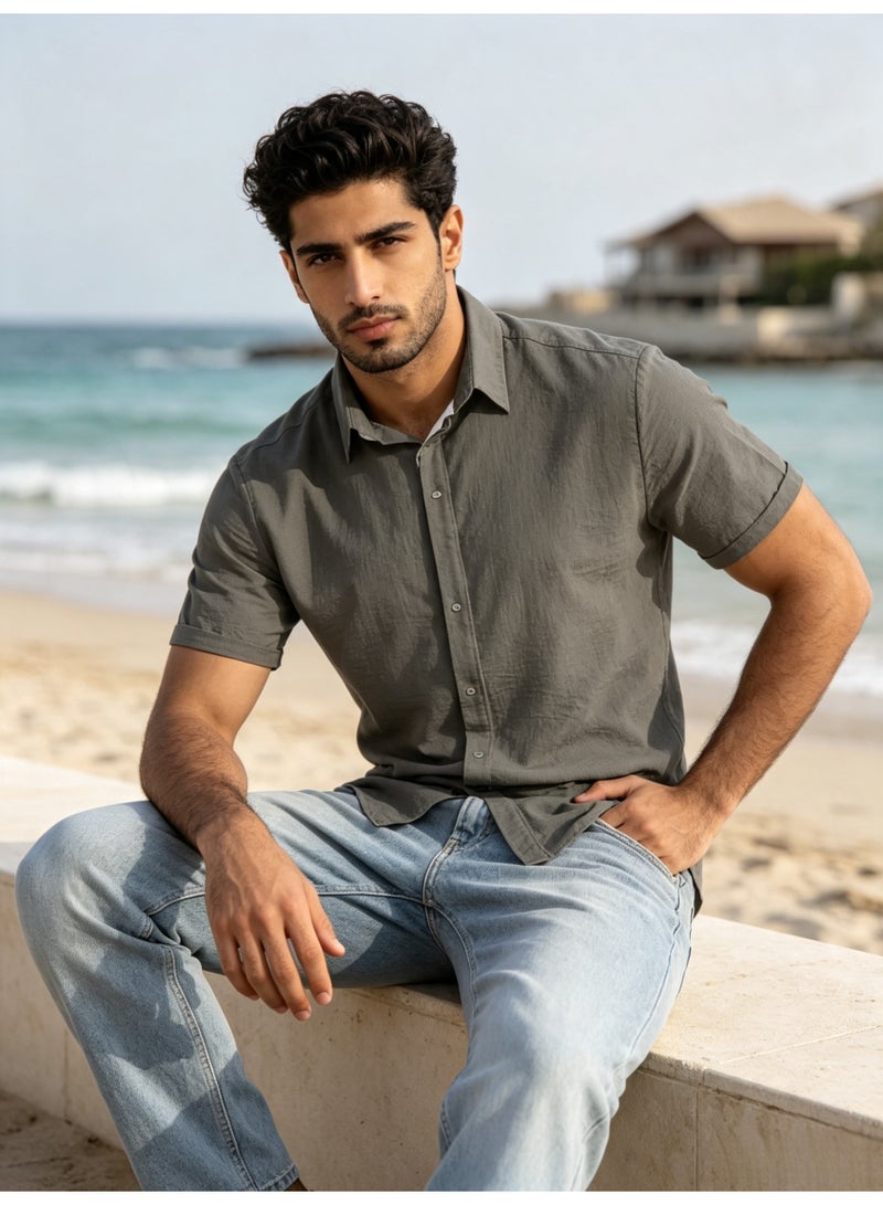 ZARA Men Charcoal Grey Linen Blend Short Sleeve Shirt Lapel Button‑Down Casual Summer Beach Shirt - Image 3