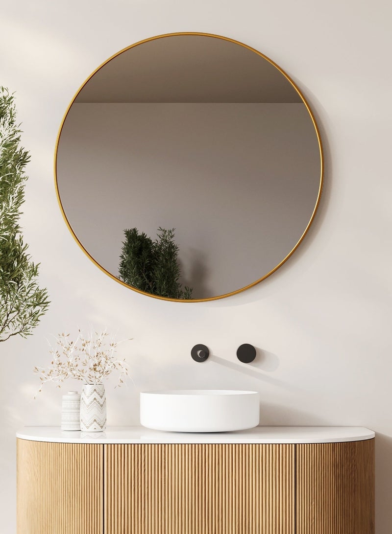 أركايوبتيركس مرآة حائط دائرية مقاس 80 سم - مرآة دائرية كبيرة معلقة للحمام وغرفة النوم ومنضدة الزينة، زجاج عالي الدقة عصري، للتثبيت على الحائط فقط (ذهبي) - Image 1