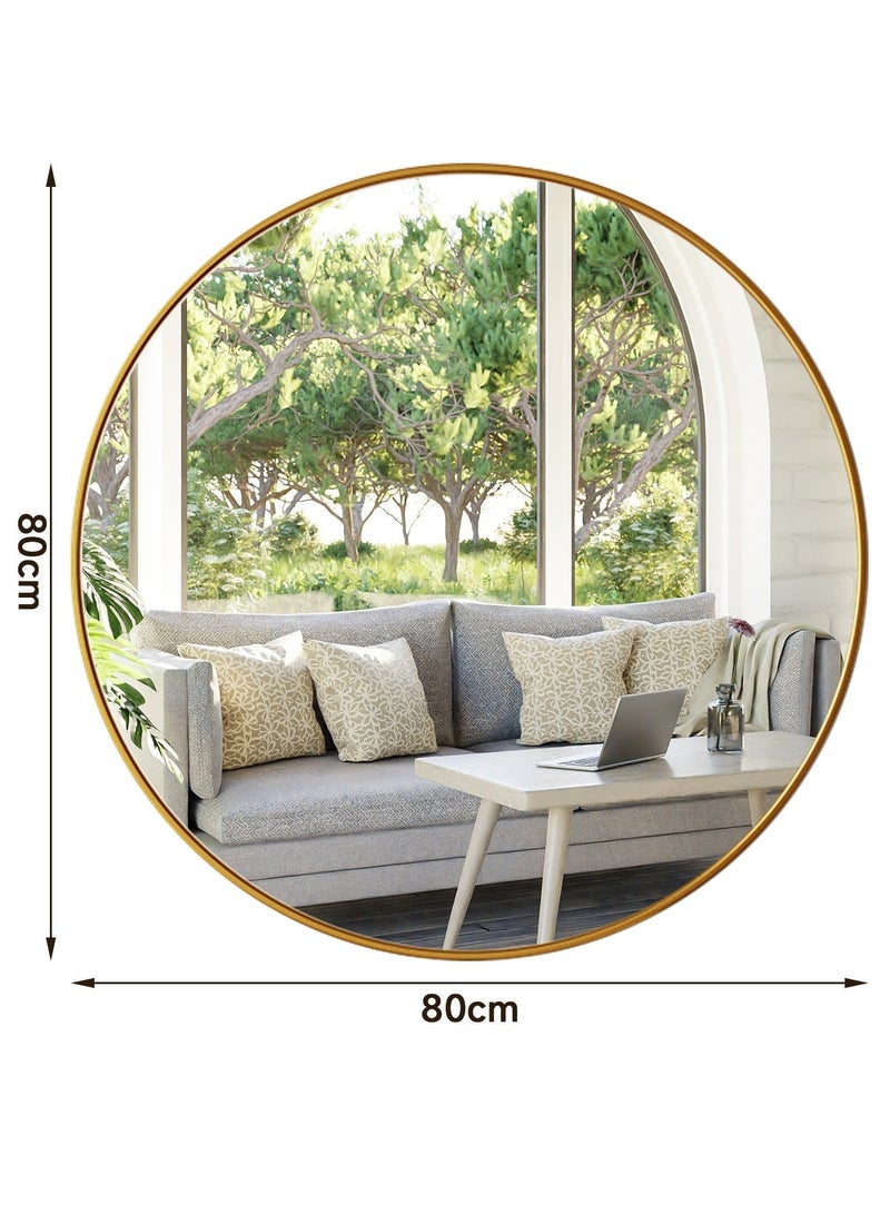 أركايوبتيركس مرآة حائط دائرية مقاس 80 سم - مرآة دائرية كبيرة معلقة للحمام وغرفة النوم ومنضدة الزينة، زجاج عالي الدقة عصري، للتثبيت على الحائط فقط (ذهبي) - Image 2