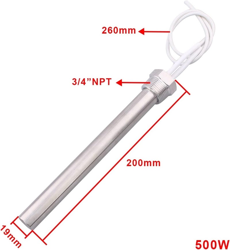 مدفأة قارورية DC VOREAL بجهد 24v أو 36v أو 48v لسخان الماء، عنصر تسخين بخيط 3/4" NPT، قدرة 300w/500w/600w/800w، للاستخدام في الأنشطة الترفيهية (اللون: 500w، الطول: 200مم، الجهد: 48V) - Image 2