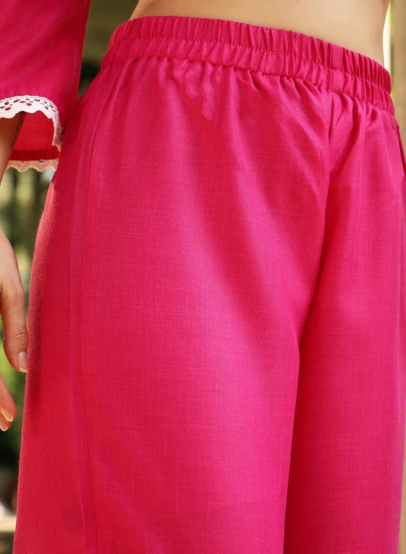 QISSA Qissa Women's Fuchsia Pink Bloomesque Kurta Set For Casual Wear | V-Neck | Quarter Regular Sleeves | 3 Piece Kurta Set Designed With Comfort Fit For Everyday Ethnic Wear