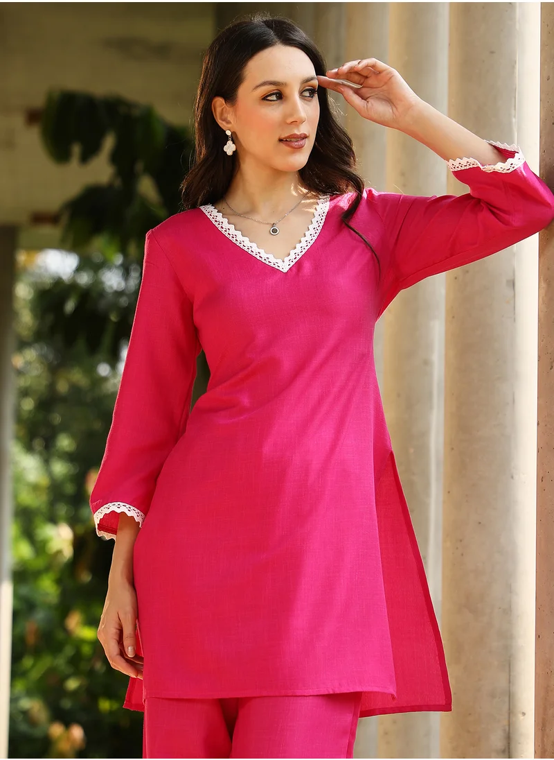 QISSA Qissa Women's Fuchsia Pink Bloomesque Kurta Set For Casual Wear | V-Neck | Quarter Regular Sleeves | 3 Piece Kurta Set Designed With Comfort Fit For Everyday Ethnic Wear