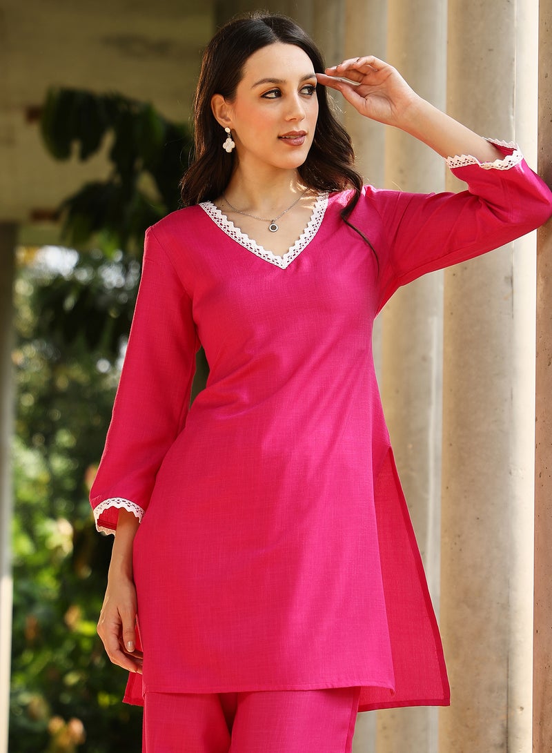 QISSA Qissa Women's Fuchsia Pink Bloomesque Kurta Set For Casual Wear | V-Neck | Quarter Regular Sleeves | 3 Piece Kurta Set Designed With Comfort Fit For Everyday Ethnic Wear  - Image 2