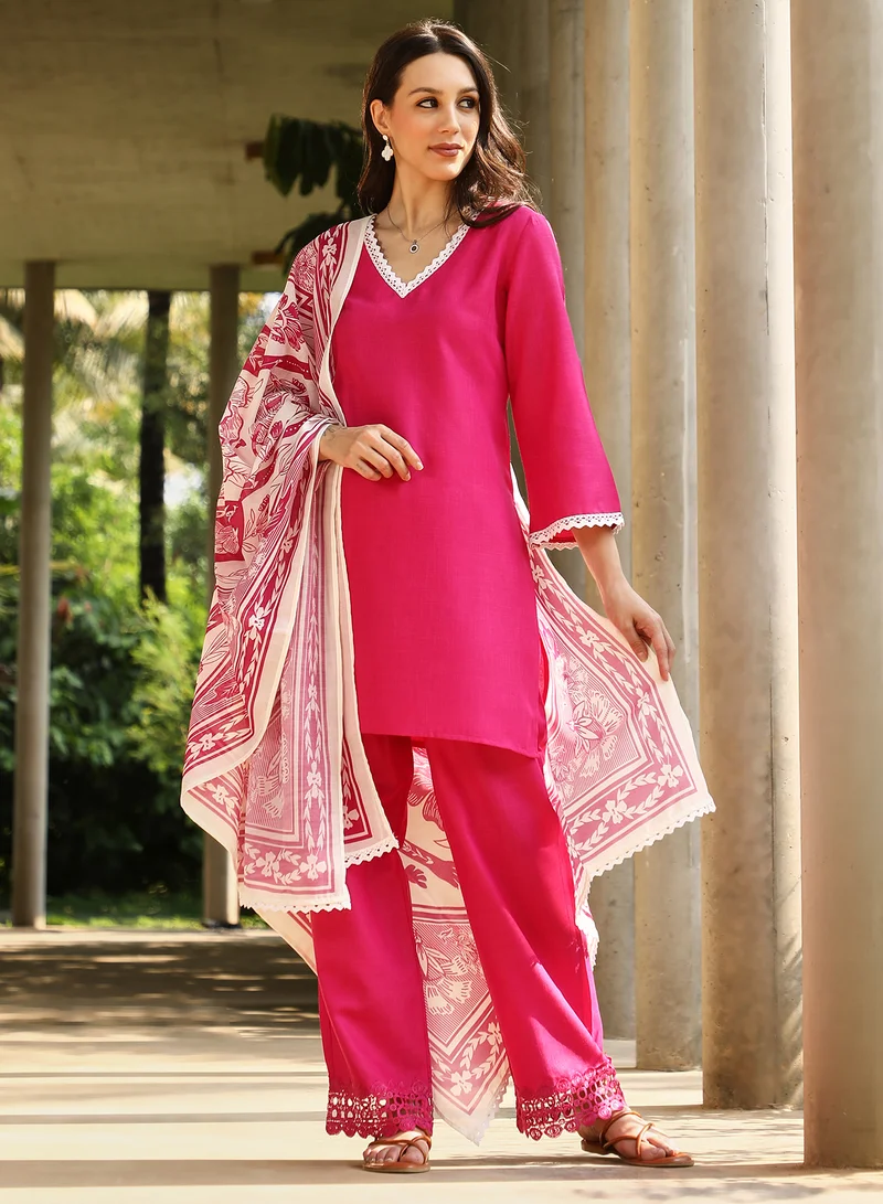QISSA Qissa Women's Fuchsia Pink Bloomesque Kurta Set For Casual Wear | V-Neck | Quarter Regular Sleeves | 3 Piece Kurta Set Designed With Comfort Fit For Everyday Ethnic Wear