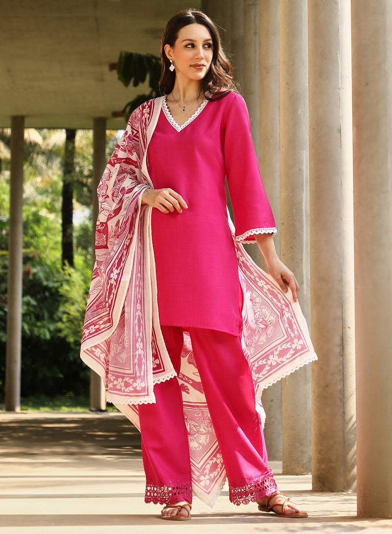 QISSA Qissa Women's Fuchsia Pink Bloomesque Kurta Set For Casual Wear | V-Neck | Quarter Regular Sleeves | 3 Piece Kurta Set Designed With Comfort Fit For Everyday Ethnic Wear  - Image 3