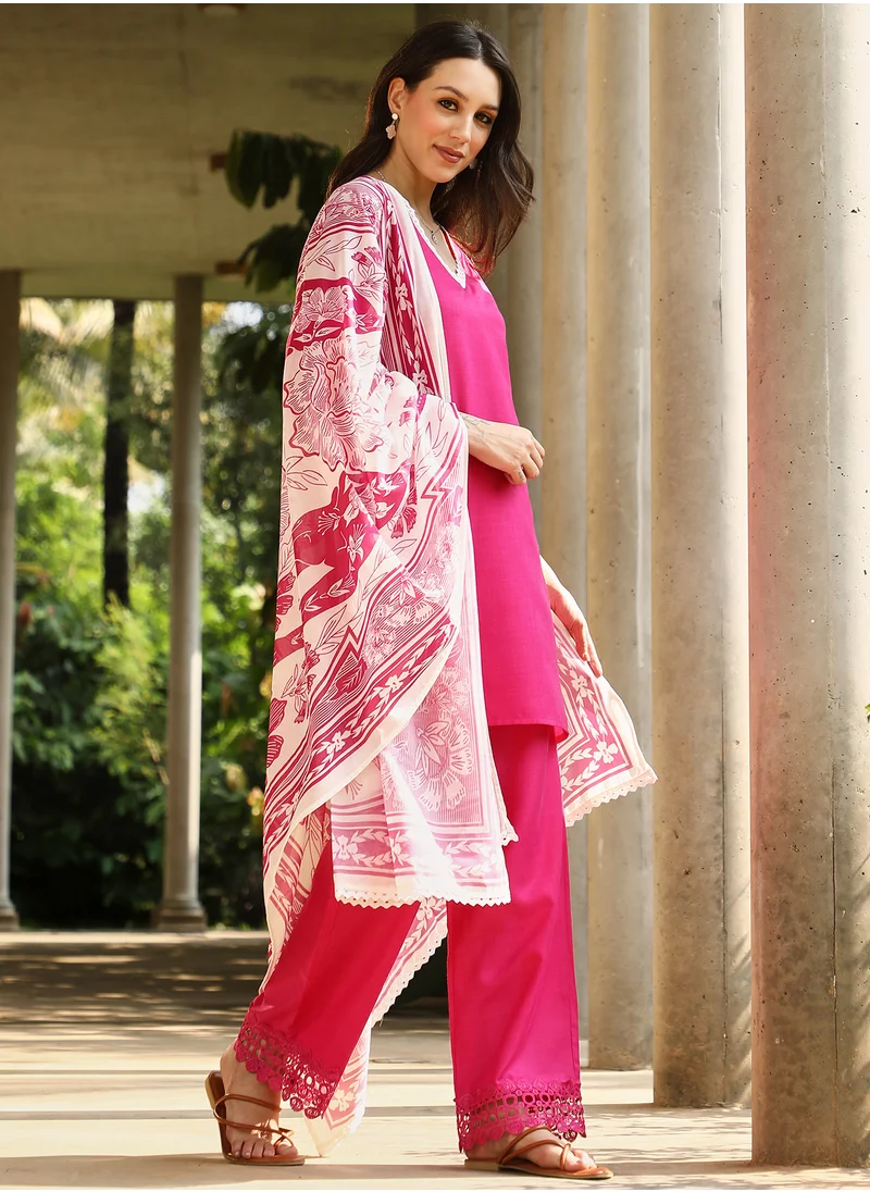 QISSA Qissa Women's Fuchsia Pink Bloomesque Kurta Set For Casual Wear | V-Neck | Quarter Regular Sleeves | 3 Piece Kurta Set Designed With Comfort Fit For Everyday Ethnic Wear