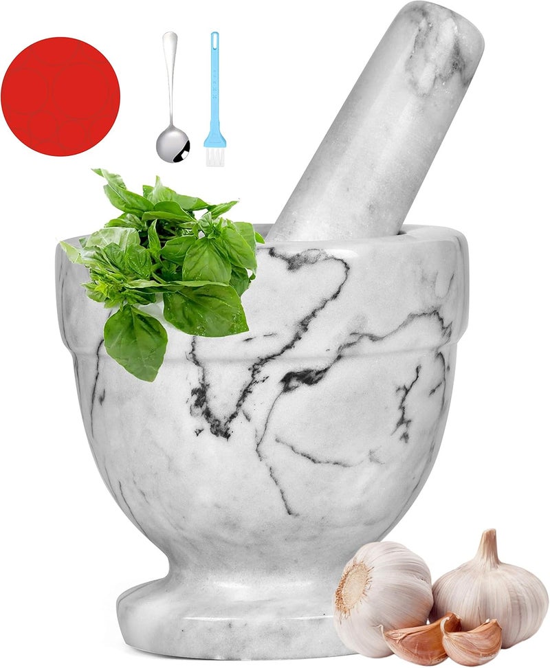 SIPARUI Mortar and Pestle Marble Set for Spices Pestos Seasonings Pastes Guacamole Bowl Herb Grinder Easy to Clean Included:Silicone Mat,Brush,Stainless Steel Spoon 4.33inch(Small,White Gray) - Image 1