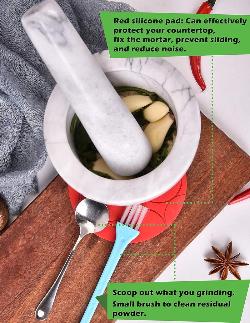 SIPARUI Mortar and Pestle Marble Set for Spices Pestos Seasonings Pastes Guacamole Bowl Herb Grinder Easy to Clean Included:Silicone Mat,Brush,Stainless Steel Spoon 4.33inch(Small,White Gray) - Image 5