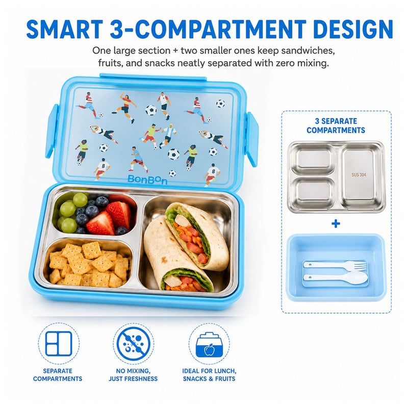 Bonbon - 3-Compartment Stainless Steel Kids Lunch Box - Football - Image 4