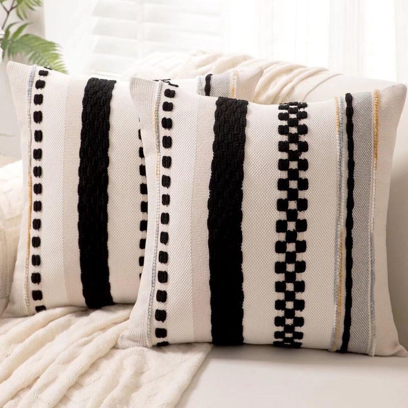 WANLIRD Boho Throw Pillow Covers 18x18 Set of 2 Farmhouse Decorative Cushion Case Striped Square Pillows Cover Chenille Pillow Cases Accent Neutral Pillowcase for Sofa Couch BedBlack