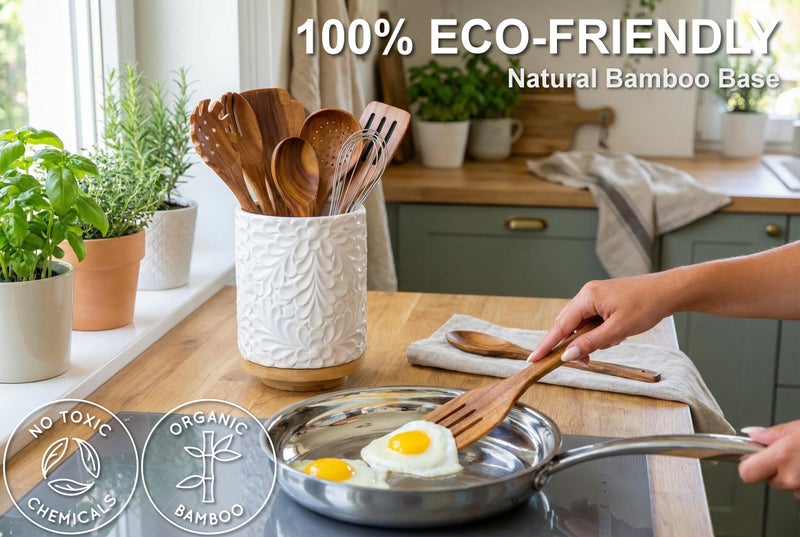 25DOL Extra Large 360Â° Rotating Utensil Holder for Kitchen Counter, 8.3â€ Cooking Utensil Holder for Countertop with Bamboo Base, White Ceramic Utensil Crock Canister for Cooking Utensils - Engraved Design - Image 5