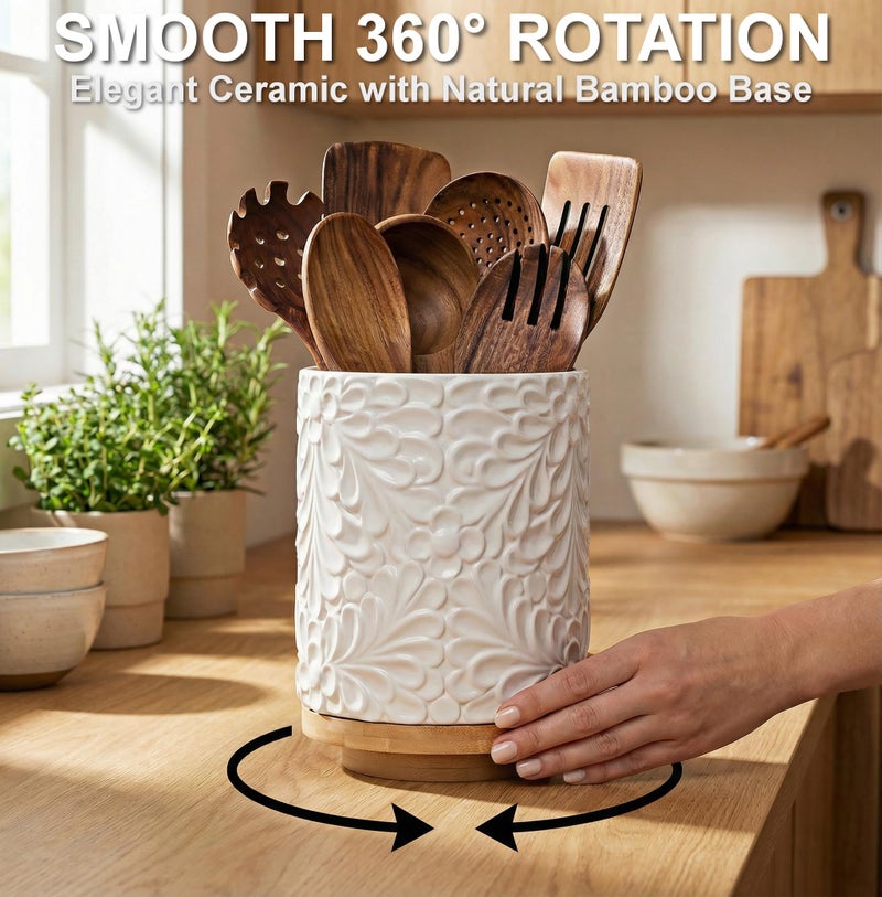 25DOL Extra Large 360Â° Rotating Utensil Holder for Kitchen Counter, 8.3â€ Cooking Utensil Holder for Countertop with Bamboo Base, White Ceramic Utensil Crock Canister for Cooking Utensils - Engraved Design - Image 2
