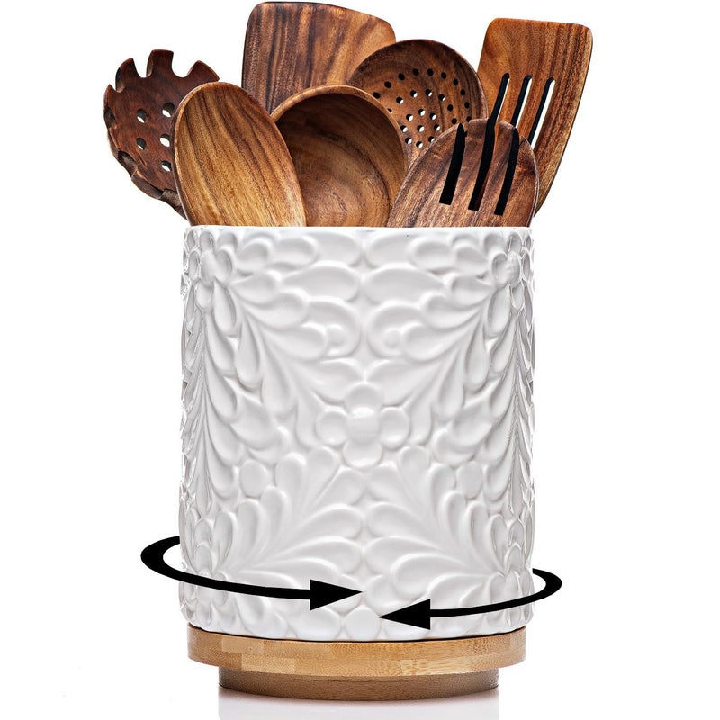 25DOL Extra Large 360Â° Rotating Utensil Holder for Kitchen Counter, 8.3â€ Cooking Utensil Holder for Countertop with Bamboo Base, White Ceramic Utensil Crock Canister for Cooking Utensils - Engraved Design - Image 1