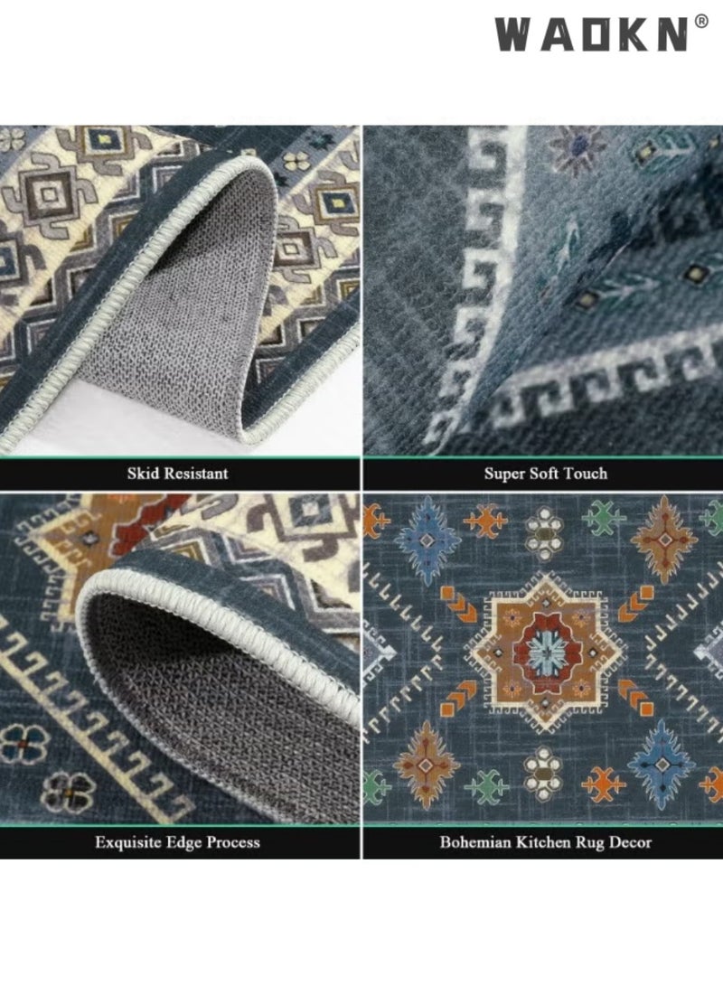 دبليو أيه أو كي أن 3 مجموعات من سجاد المطبخ Boho: ماصة للماء/الزيت، مقاومة للبقع، مضادة للانزلاق، قابلة للغسل، للاستخدام في المطبخ وال싱ي والمرورات وغرفة الغسيل والديكور، سجادة أرضية من الساتان البلوري للاستخدام المنزلي في المطبخ، ماصة للماء والزيت، مقاومة للاتساخ، وحماية للأقدام (40*60 سم + 50*80 سم + 50*120 سم) - Image 4